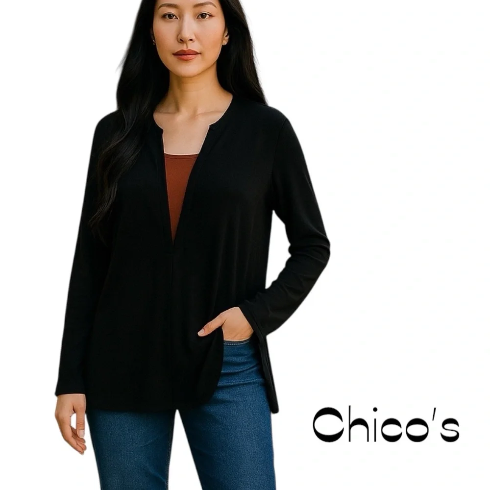 Chico’s Travelers Black With Brown Wrinkle Free Neutral Top NWOT Size 12